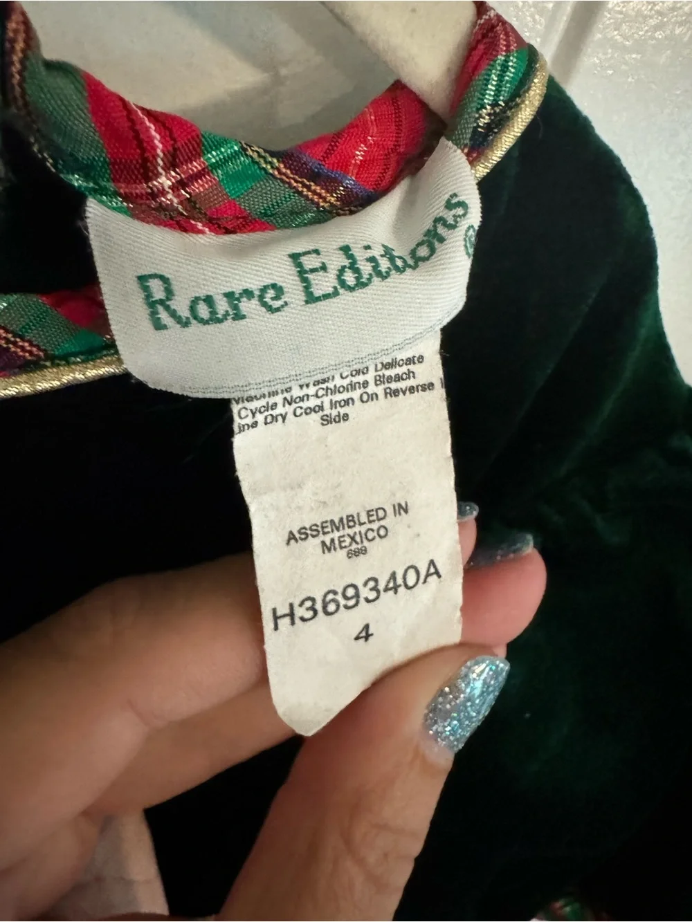 Rare Editions Dark Green Velvet Holiday Dress with Red Plaid Trim
